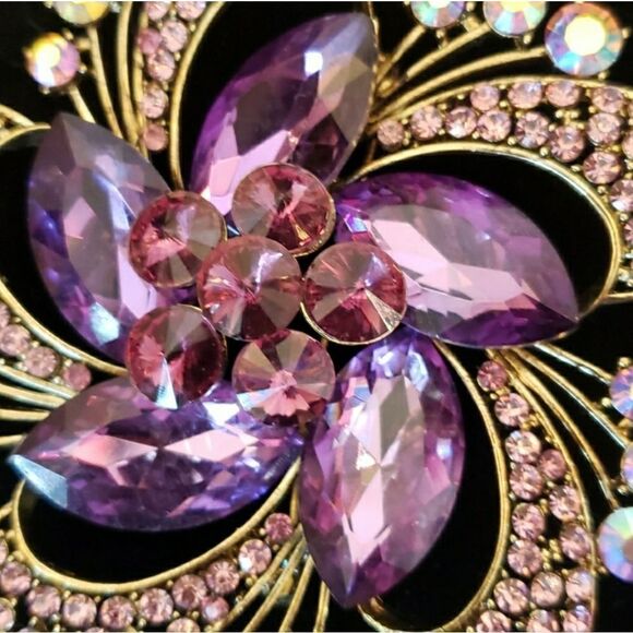 VNTG Large Floral Pink Rose Rhinestone Ruby Red/Purple Gemstone Brooch - Picture 2 of 9